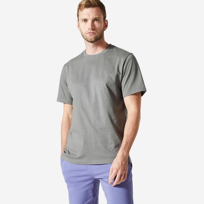 Áo thun tập fitness essentials 500 cho nam xám khaki DECATHLON DOMYOS mã 8773499