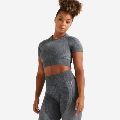 Áo thun croptop fitness không đường may fct 900 cho nữ xám DECATHLON DOMYOS mã 8665888