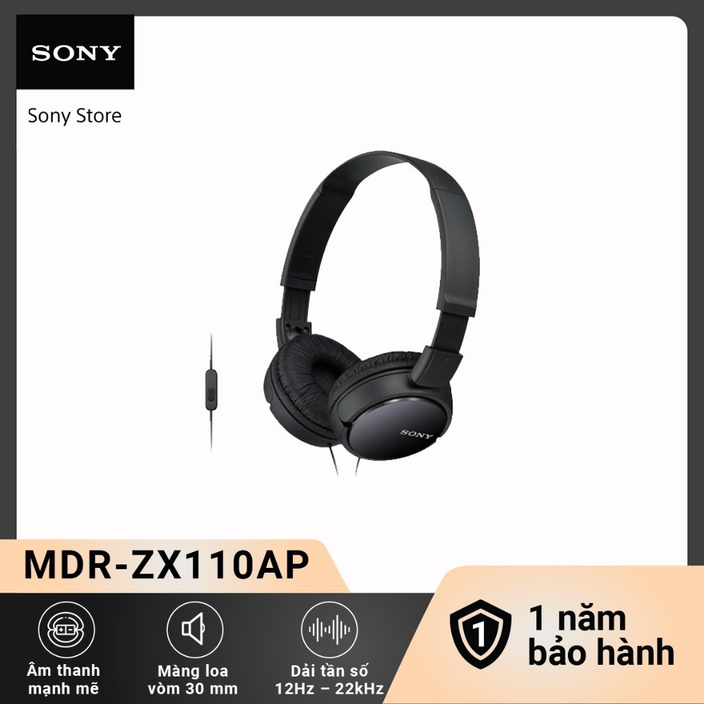 Tai nghe dây Sony MDR-ZX110AP choàng đầu, màng loa 30mm, âm thanh cân bằng, tích hợp micro đàm thoại | BigBuy360 - bigbuy360.vn