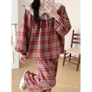   RẺ VÔ ĐỊCH  Bộ Đồ Ngủ Kẻ Sọc Đỏ Thắt Nơ Xinh Xắn Áo Tay Dài Quần Dài Nữ Women 