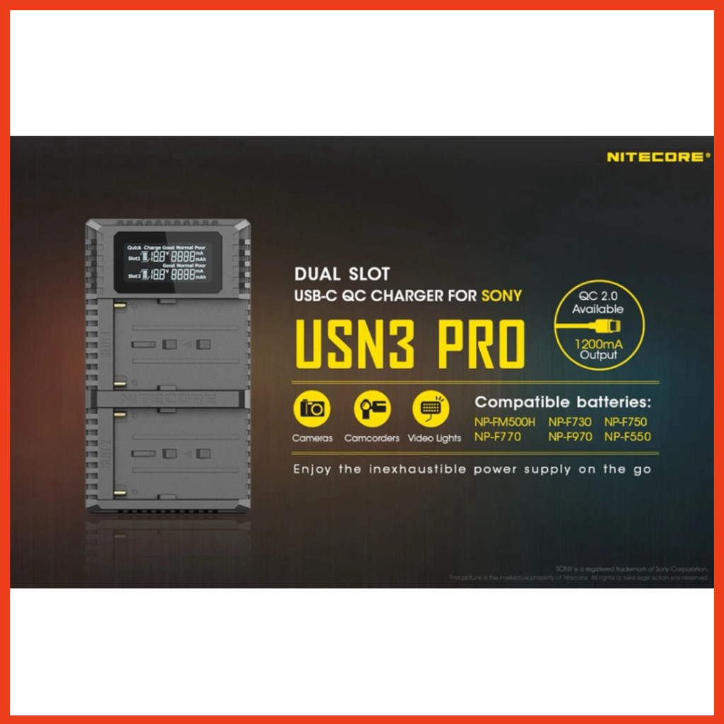 Đế sạc pin đôi qua USB C cho Sony NP-F970/NP-F550 Nitecore - USN3 PRO