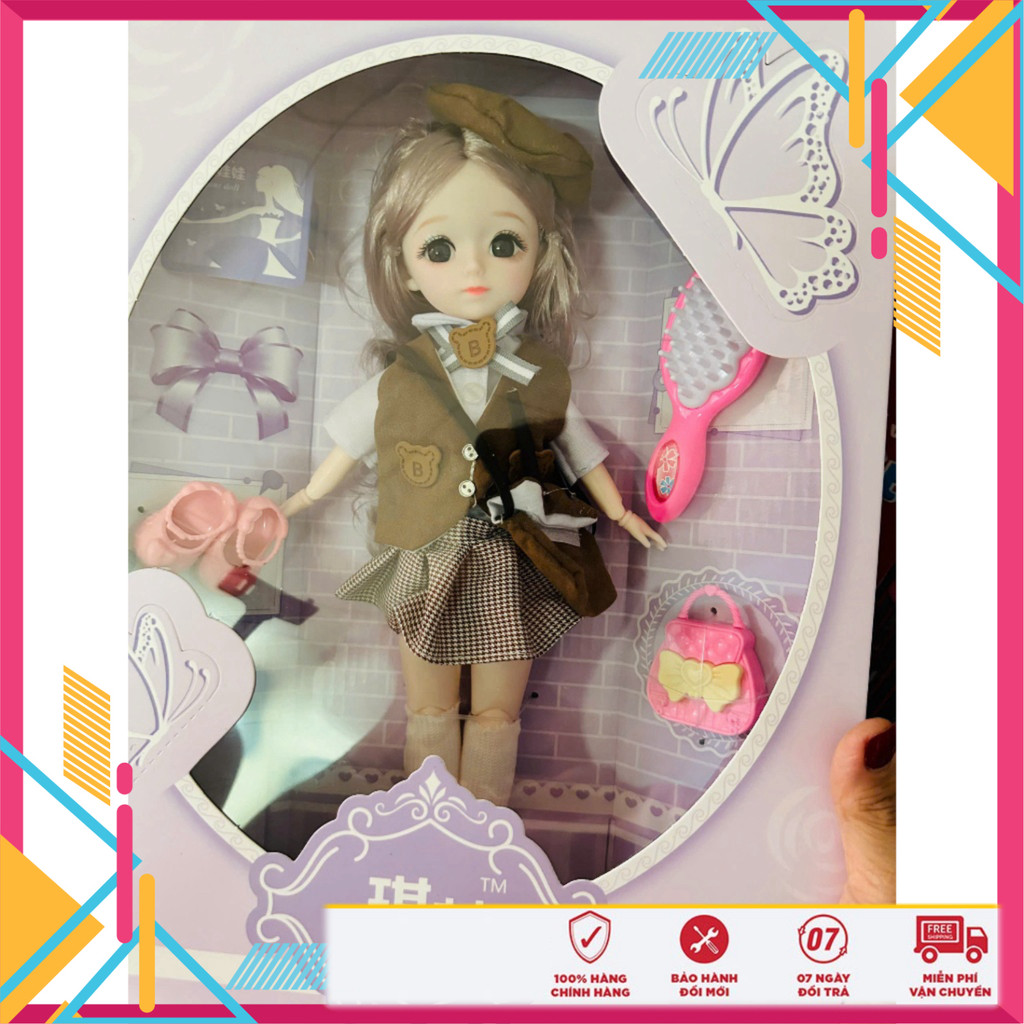 Hộp quà tặng Búp bê Nastya cho bé gái, mắt 3D, tóc mượt, váy dễ giặt, hộp quà búp bê đẹp có quai xác