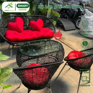 Bộ đầy đủ bàn ghế sân vườn SMARTHOMES giả mây lõi thép cao cấp  dùng sân vườn quán cafe sang trọng