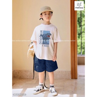 MLS 3943 - Bộ Melisa áo trắng khủng long T-rex + quần short xanh bé trai size 6-12y