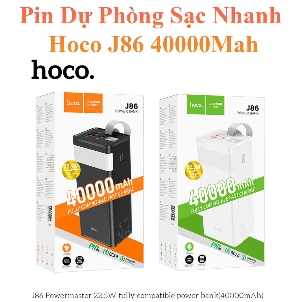 Pin Sạc Dự Phòng Sạc Nhanh Hoco J86 22.5W 40000Mah Qc 3.0 Và Pd20W 2 Cổng Sạc Usb Có Đèn Led Và Màn 