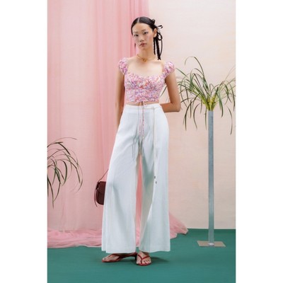 LIBÉ WORKSHOP - Quần dài suông ống xẻ vải jacquard màu trắng kem