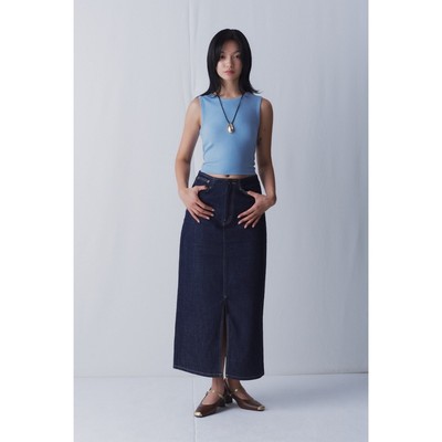 LIBÉ WORKSHOP - Chân váy denim dáng dài xẻ tà thân trước màu xanh dương đậm