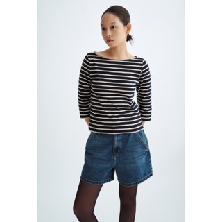 LIBÉ WORKSHOP - Áo thun cổ thuyền hoạ tiết sọc trắng trên nền xanh dương đậm