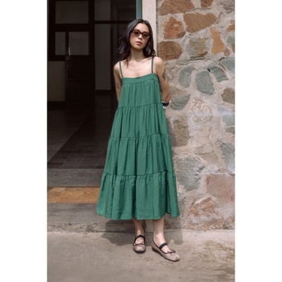 LIBÉ WORKSHOP - Đầm babydoll hai dây dáng dài màu xanh cổ vịt