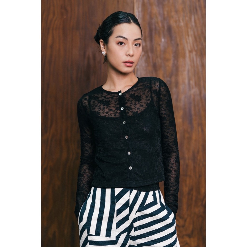 LIBÉ WORKSHOP - Áo cardigan ren co giãn màu đen