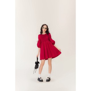 LIBÉ - Đầm ngắn dáng babydoll tay phồng rút dây màu hồng đỏ