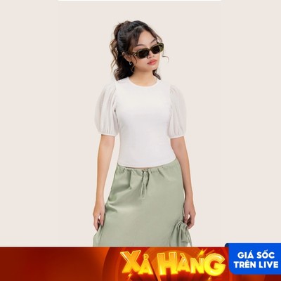 LIBÉ - Áo kiểu dáng ôm tay ngắn phồng màu trắng
