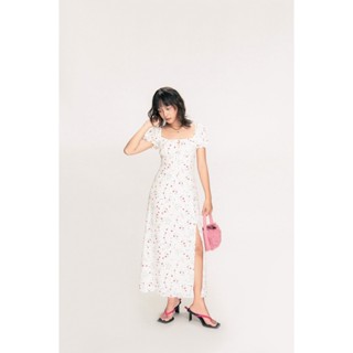  LIBÉ - Đầm dài dáng midi họa tiết hoa xẻ tà màu trắng 