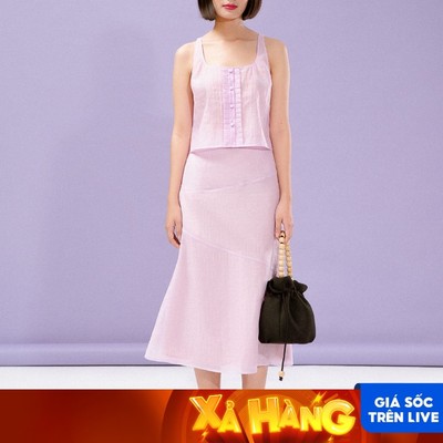 LIBÉ - Áo hai dây bản to màu tím ráp bèo và cài hàng nút bọc phía trước