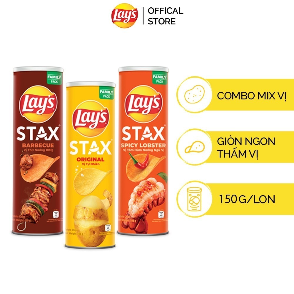 [Vị Ngẫu Nhiên] Combo 3 Ống Bánh khoai tây LAY'S STAX 150G Mix vị Tự Nhiên/Tôm Hùm Nướng/Kem Chua Hành Tây/BBQ