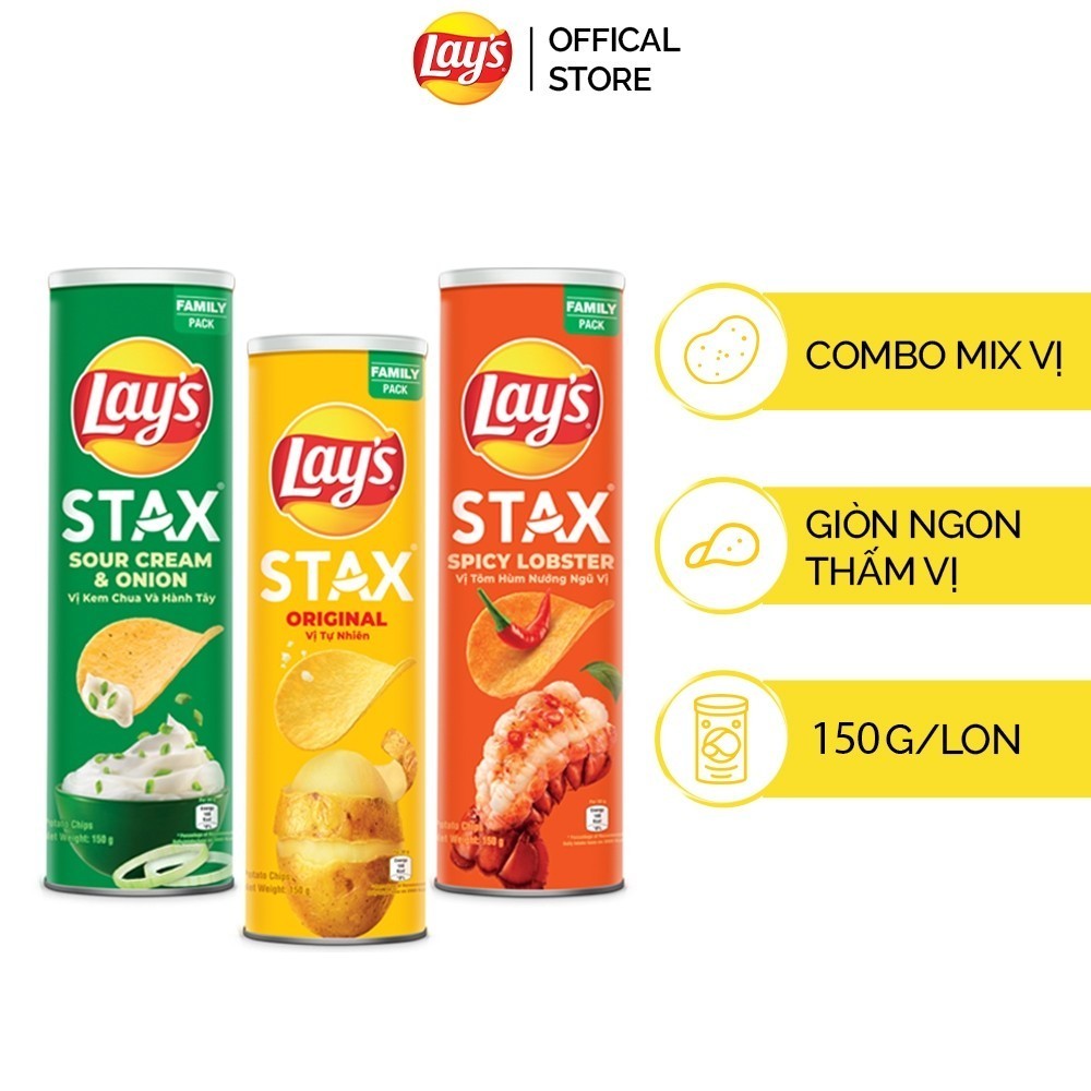 Combo 3 Lay's Stax 150G (Tu Nhien, Tom Hum Nuong Ngu Vi, Kem chua Hanh)