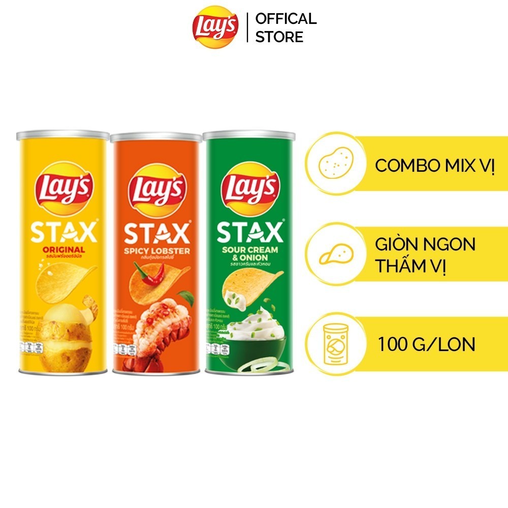 [Vị Ngẫu nhiên] Combo 3 Ống Bánh khoai tây LAY'S STAX 100G Mix vị TựNhiên/TômHùmNướng/Mực/BòNấm/KemChuaHành/BBQ/PhôMai