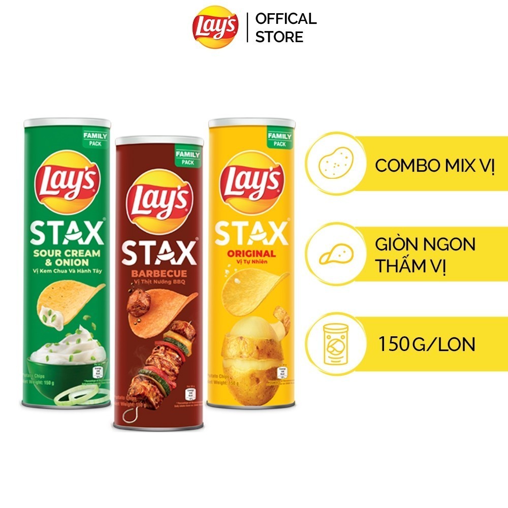 Combo 3 Lay's Stax 150G (Tu Nhien, Thit Nuong BBQ, Kem chua Hanh)
