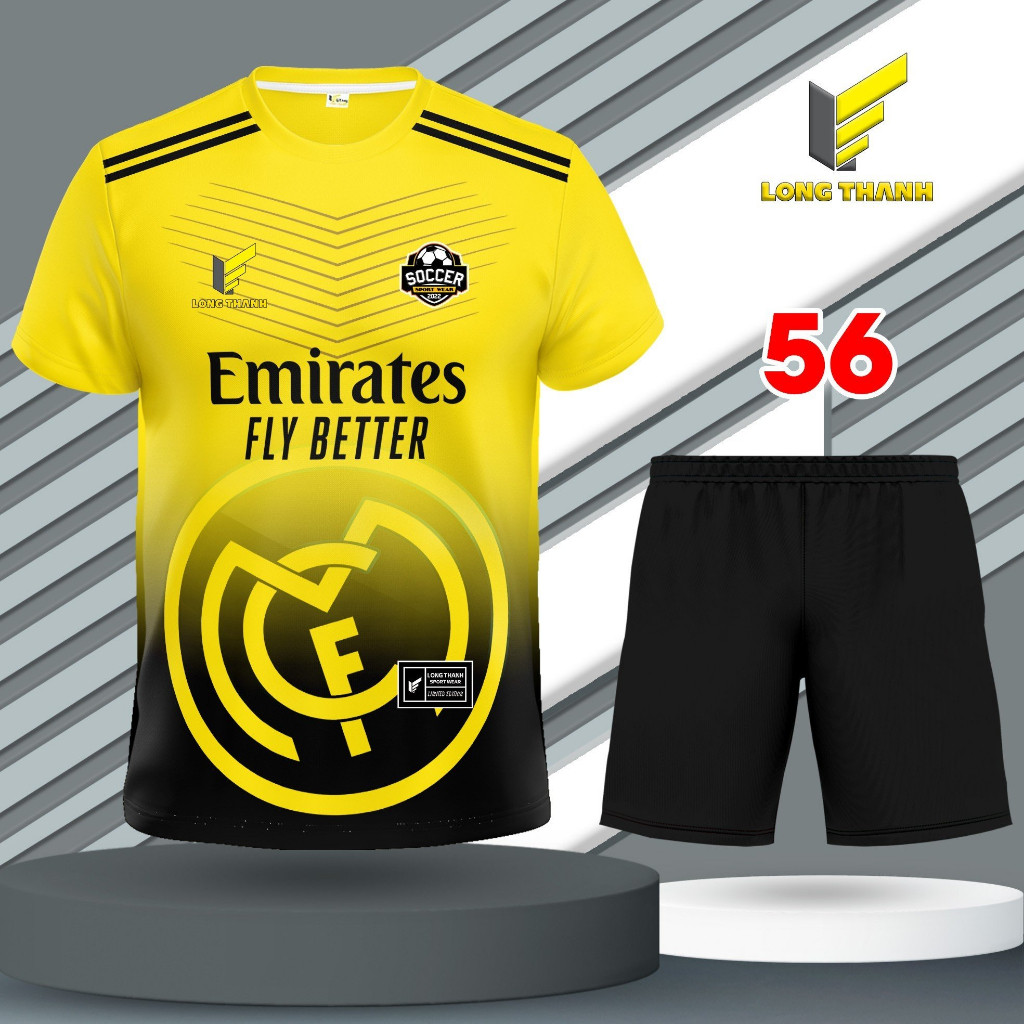 Bộ quần áo bóng đá, đồ đá banh REAL Vàng, thun lạnh cao cấp, Long Thanh Sport