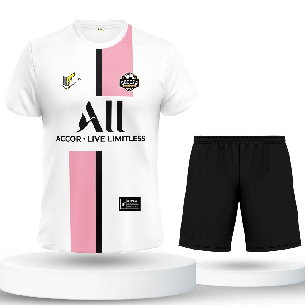 Bộ quần áo đá bóng, đồ đá banh nam nữ P S G Trắng Hồng, Long Thanh Sport