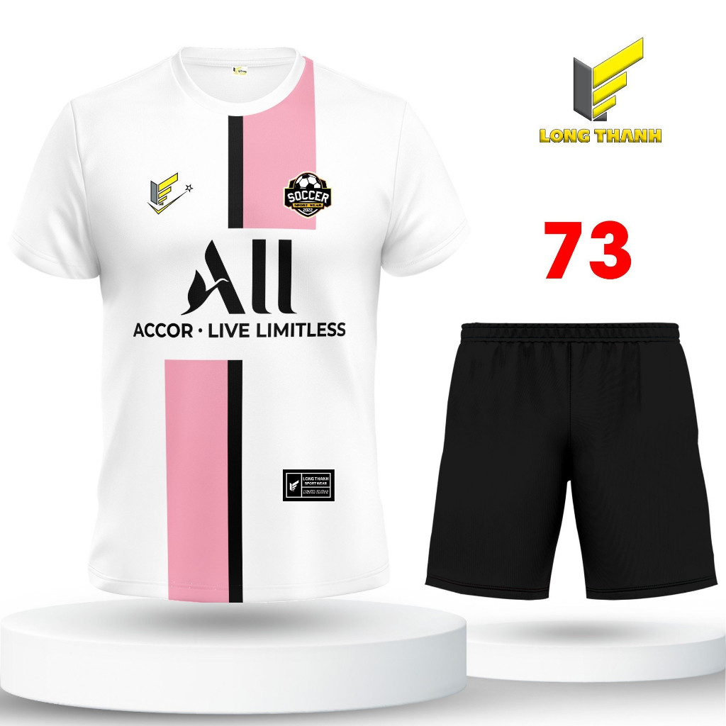 Bộ quần áo đá bóng, đồ đá banh nam nữ P S G Trắng Hồng, Long Thanh Sport