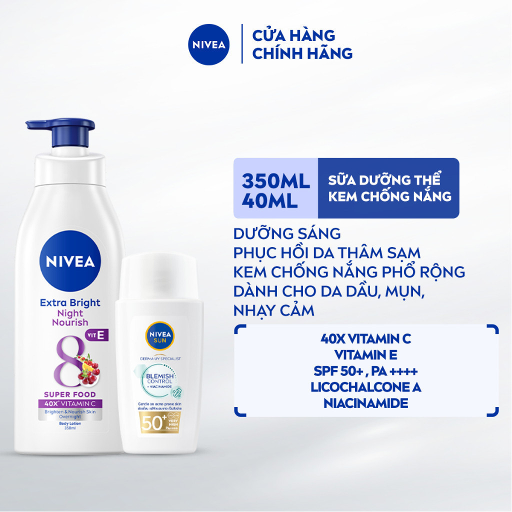 Bộ Đôi Sữa Chống Nắng NIVEA SUN Derma Blemish Control SPF50+ 40ml & Sữa Dưỡng Thể NIVEA Ban Đêm 350m