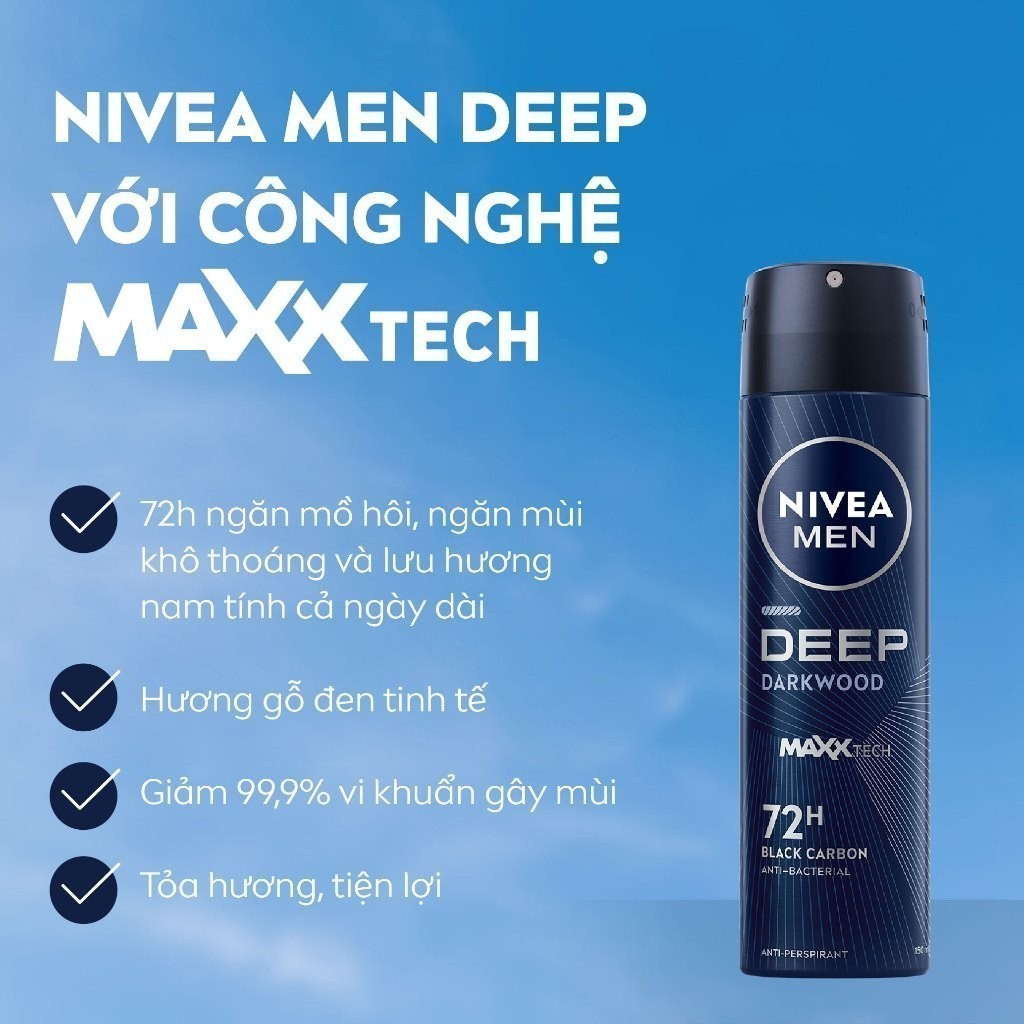 Bộ 2 Xịt Khử Mùi Than Hoạt Tính NIVEA MEN Deep - Hương Gỗ Đen (150 ml) - 80027x2 | BigBuy360 - bigbuy360.vn
