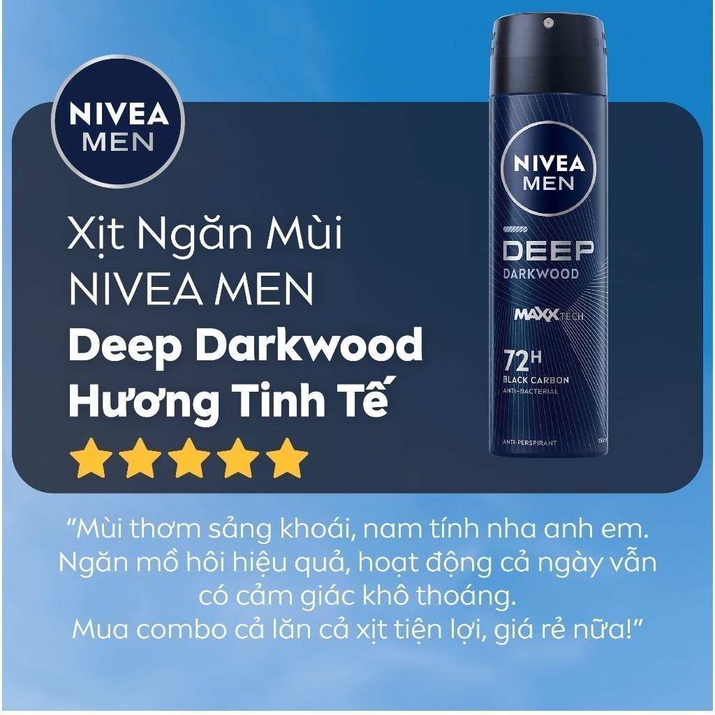 Bộ 2 Xịt Khử Mùi Than Hoạt Tính NIVEA MEN Deep - Hương Gỗ Đen (150 ml) - 80027x2 | BigBuy360 - bigbuy360.vn