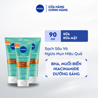Bộ 3 Sữa Rửa Mặt NIVEA Derma Acne Care Gel Tạo Bọt Sạch Sâu Giảm Mụn (90 ml) - 94270
