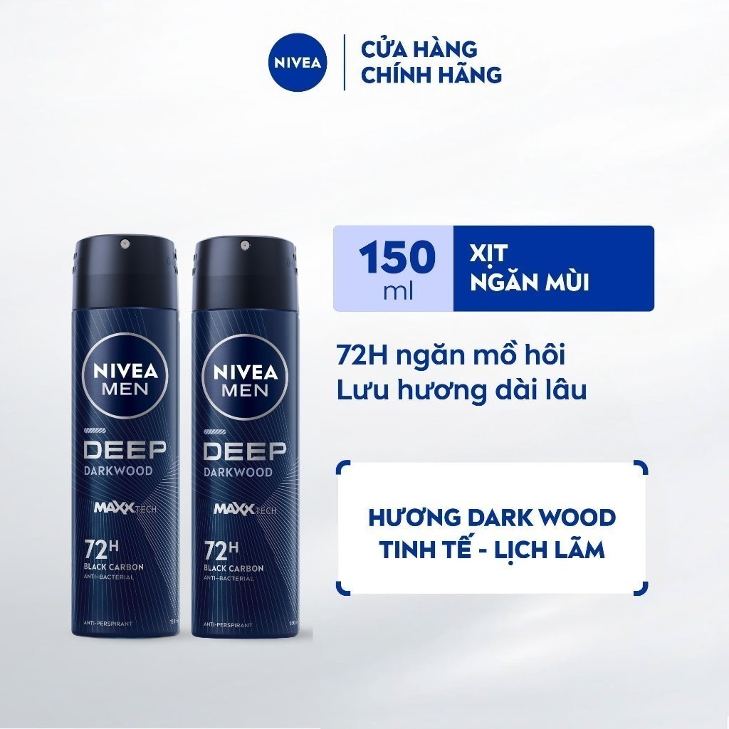 Bộ 2 Xịt Ngăn Mùi NIVEA MEN Deep Than Đen Hương Gỗ Đen (150 ml) - 80027