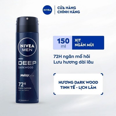 Xịt Ngăn Mùi NIVEA MEN Deep Than Đen Hương Gỗ Đen 150ml / Xịt Khử Mùi Nam - 80027
