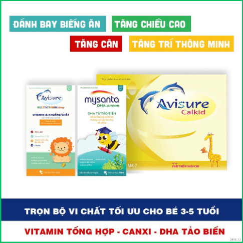 Bộ ba canxi Avisure Calkid - Multivitamin - DHA không tanh từ tảo cho bé cao lớn, khoẻ mạnh, thông m