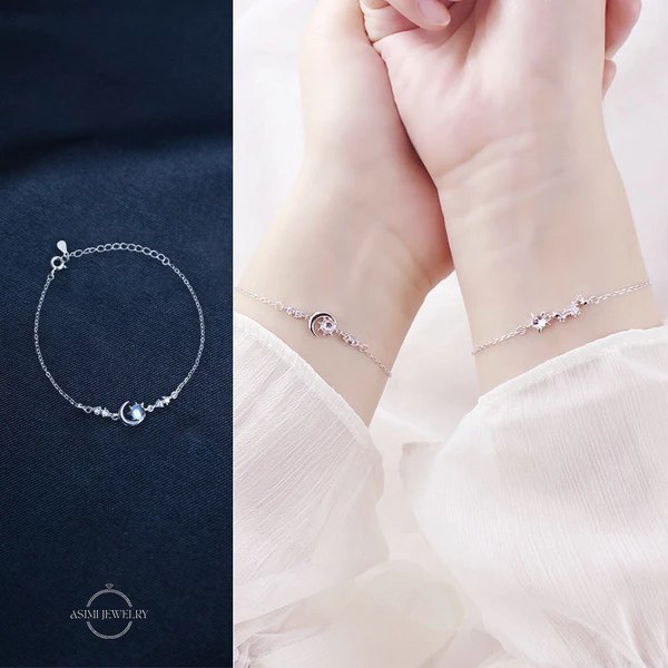 Lắc tay bạc S925 mặt trăng đá moonstone Asimi MoonLine LT18 - đeo trên mẫu