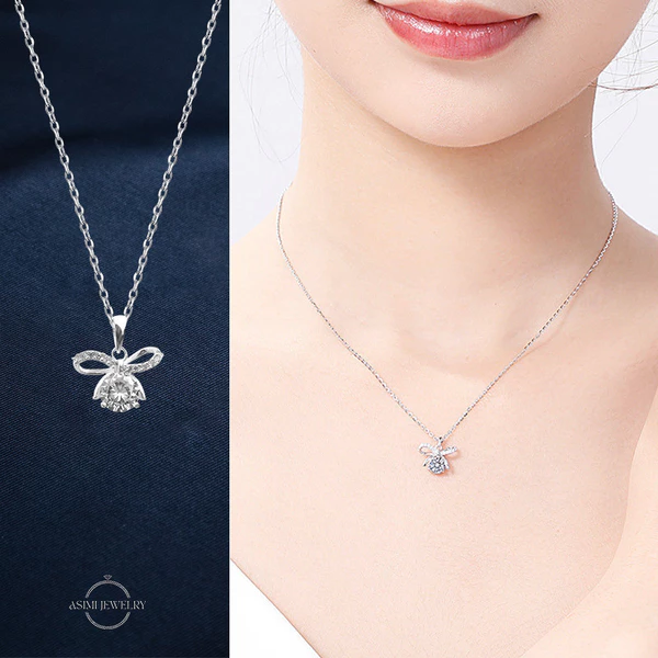 Dây chuyền bạc Ý S925 dây nơ sang trọng Asimi Tie Princess DC52 - đeo trên mẫu
