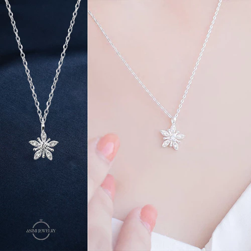 Dây chuyền bạc Ý Bông tuyết Asimi Flower Snow DC50 - đeo trên mẫu