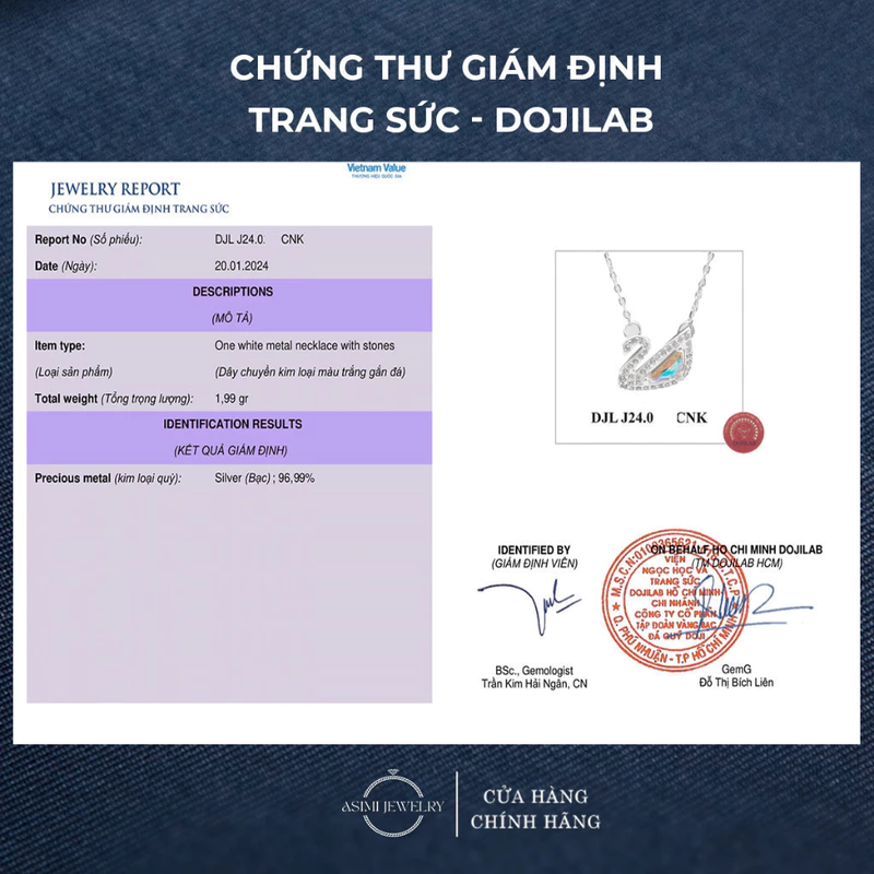 Dây chuyền bạc nữ S925 Thiên Nga Swarovski Asimi DC37 3