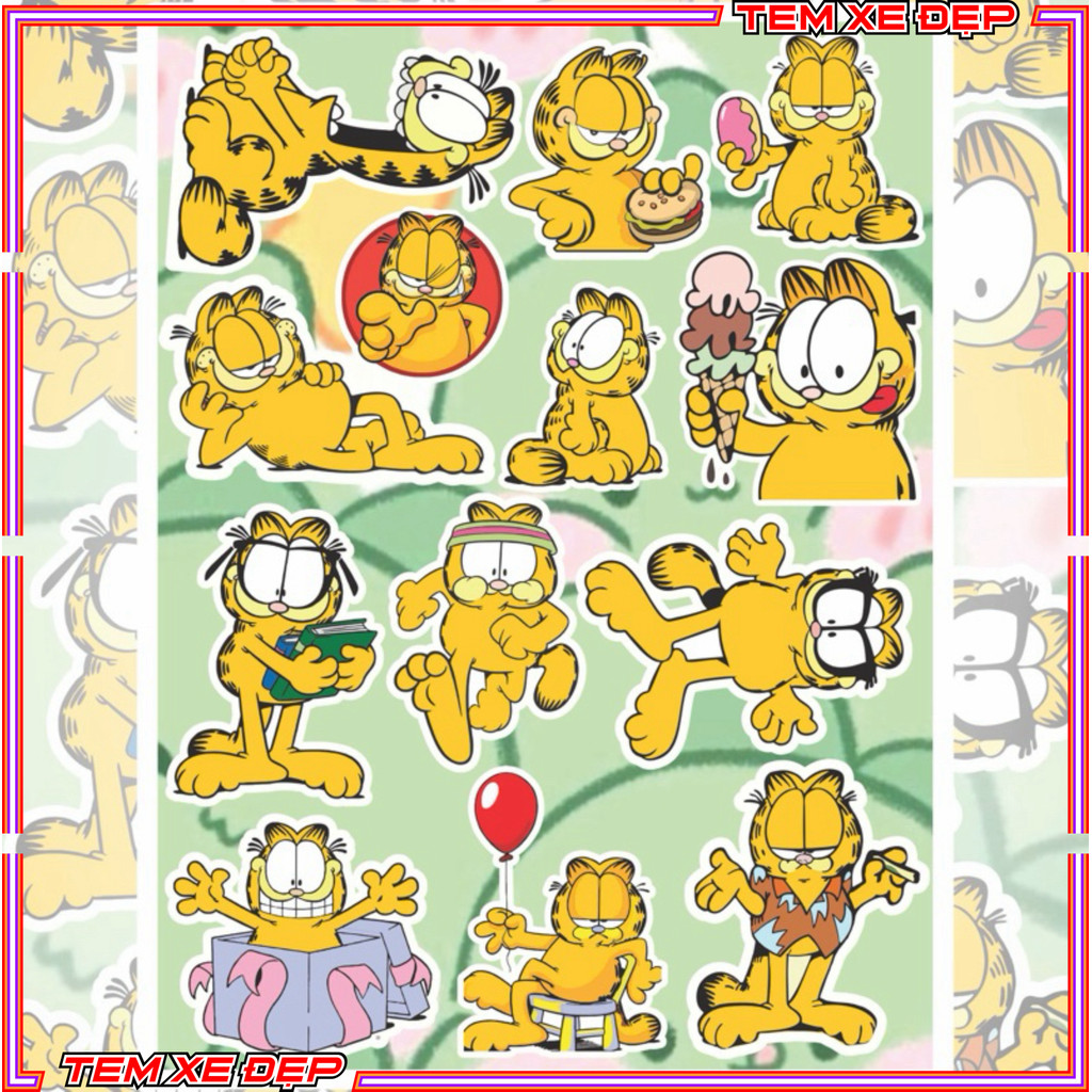Tem Dán Sticker Nhãn Dán Decal Mèo Garfield Dán Trang Trí Xe Máy Xe Điện Bàn Học Máy Tính Tủ Lạnh De