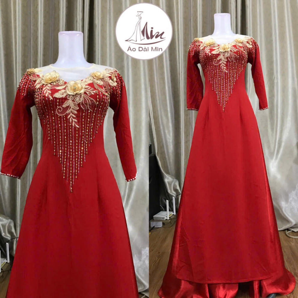 Áo Dài Trung Niên Cho Mẹ MINT M09 - Áo Dài Cho Mẹ Đính Kết Hoa Ren Thủ Công Chất Lụa Mỹ Mềm Mịn Sang