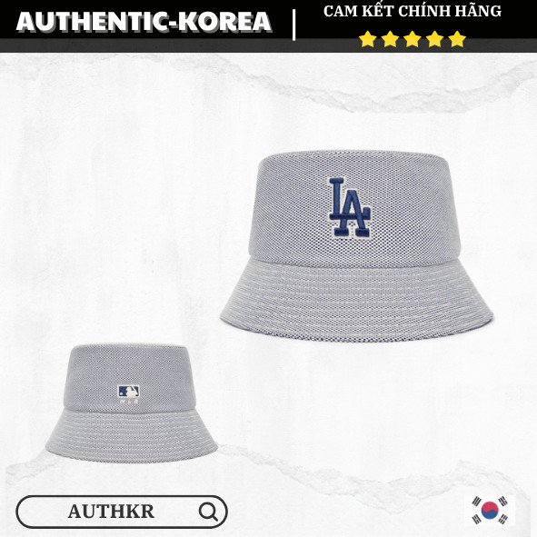 [Auth] Mũ Bucket MLB basic ghi xanh Logo LA - MLB CHÍNH HÃNG - 3AHTM043N
