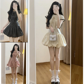 Set Váy Bí Ngô Phối Viền Ren Đính Nơ Phía Sau Dây Buộc Lưng Kiểu Cách Hàn Quốc Năng Động VIERLIN - V456