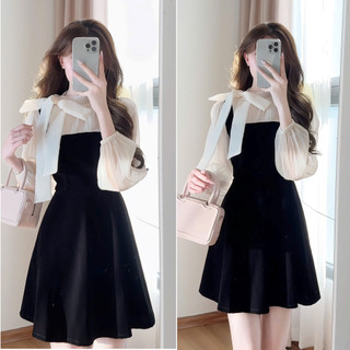  Váy Chéo VIERLIN Mix Tay Dài Tơ Voan Bồng Đính Nơ Lệch Tiểu Thư - V32 