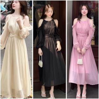 Váy Cổ Yếm Hở Vai Chiết Eo Chun Lưng Thắt Lụa Hàn Châu Tơ Bèo Dáng Dài 2 Lớp Tiểu Thư Hàn Quốc Cực Kì Duyên Dáng