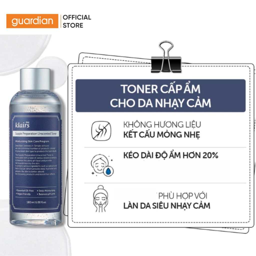 Nước Hoa Hồng Không Mùi Dưỡng Ẩm & Làm Mềm Dear, Klairs Supple Preparation Unscented Guardian 180Ml | BigBuy360 - bigbuy360.vn