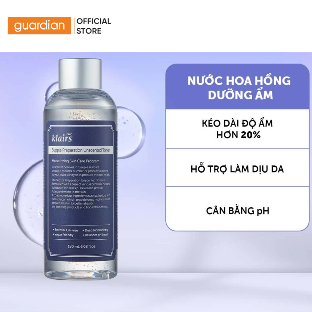 Nước Hoa Hồng Không Mùi Dưỡng Ẩm & Làm Mềm Dear, Klairs Supple Preparation Unscented Guardian 180Ml | BigBuy360 - bigbuy360.vn