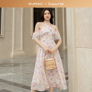 Đầm nữ GUMAC maxi cổ yếm voan hoa phối bèo  DD05040