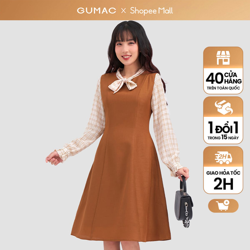 Đầm nữ GUMAC A phối vải caro  DD04068