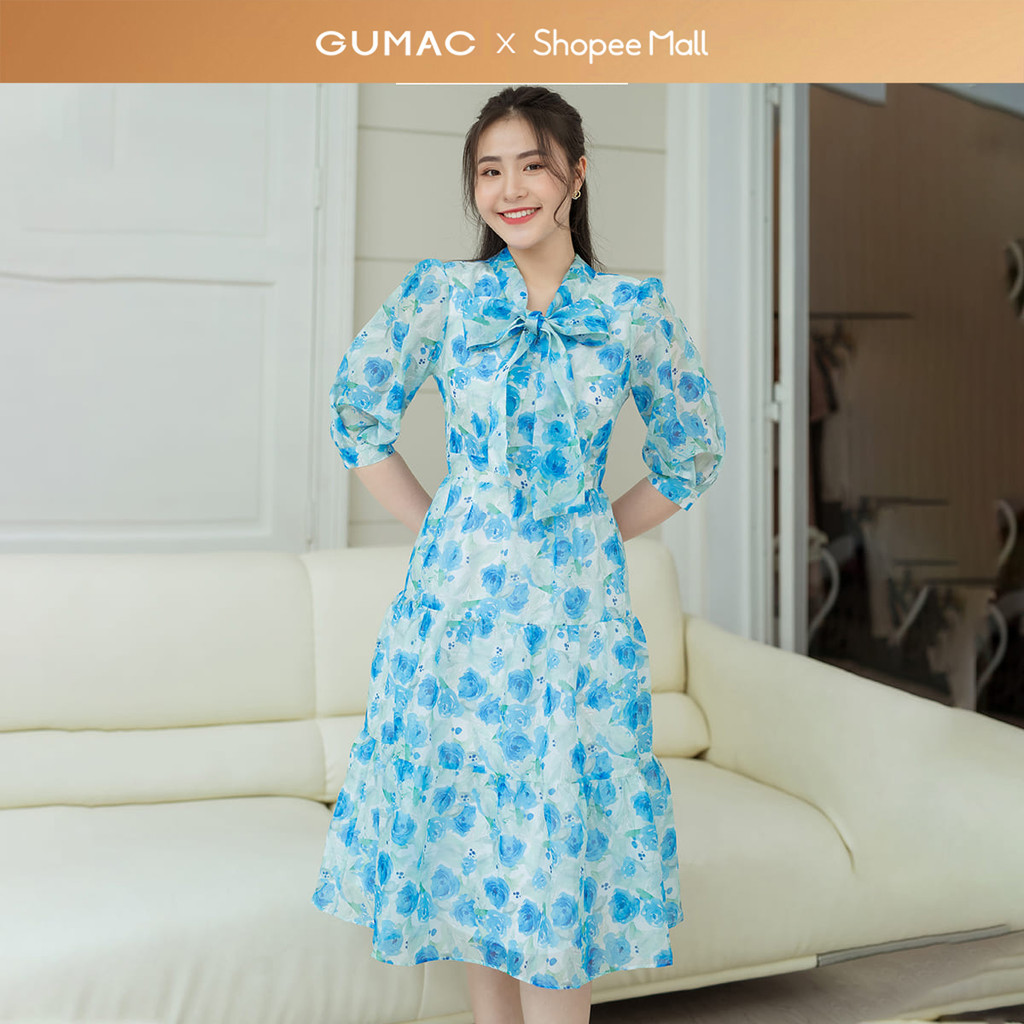 Đầm nữ GUMAC hoa cổ nơ  DD08035