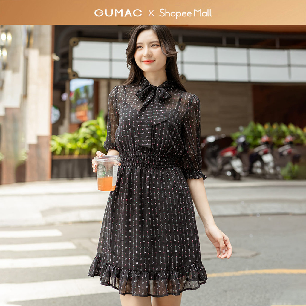 Đầm nữ GUMAC bèo smocking eo thắt nơ cổ  DD05069