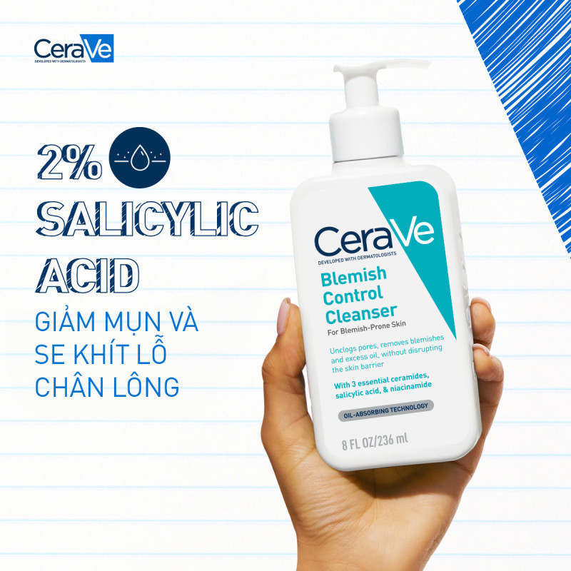 Sữa rửa mặt giảm mụn không gây khô da, không gây tổn hại bảo vệ hàng rào da - CeraVe Blemish Control Cleanser 236ml | BigBuy360 - bigbuy360.vn