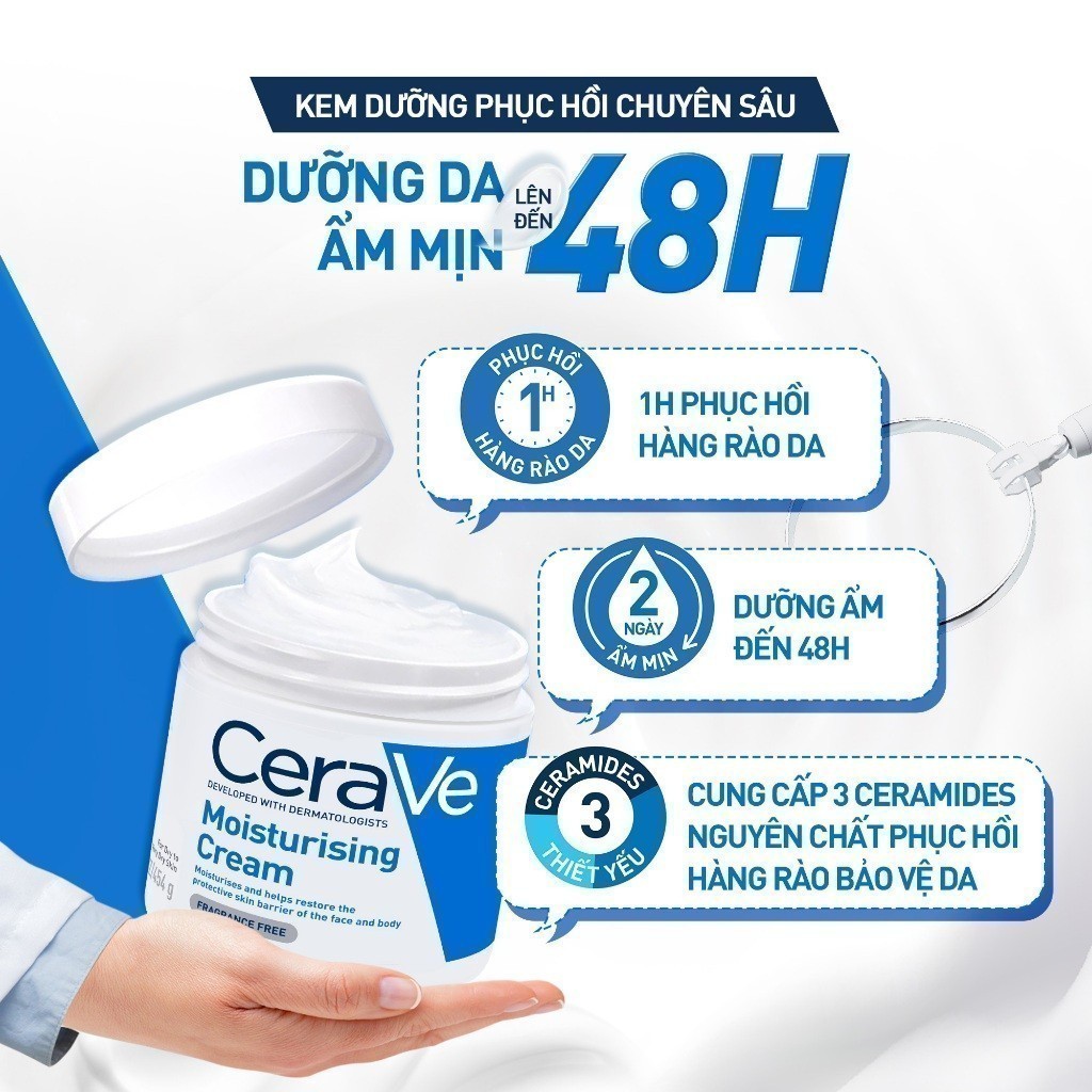 Kem dưỡng ẩm phục hồi sâu và ẩm mịn suốt 48H dành cho da khô, duy trì hàng rào bảo vệ da CERAVE MOISTURISING CREAM 454G | BigBuy360 - bigbuy360.vn